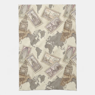Vintage Postage Stamp World Map Travel (2) Tea Towel