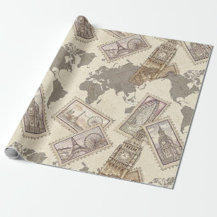 Vintage Postage Stamp World Map Travel (2) Wrapping Paper