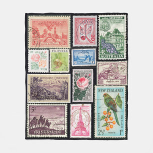 Vintage Postage Stamps Floral Fleece Blanket