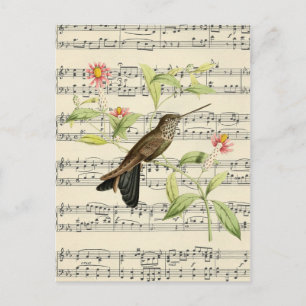 vintage postcard botanical hummingbird music