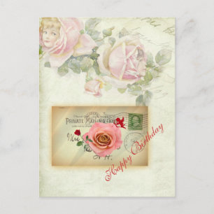 Vintage Postcard Collage Pink Roses and Cupid