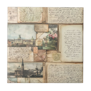 Vintage Postcard Collage with European Letters Ceramic Tile