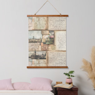 Vintage Postcard Collage with European Letters Hanging Tapestry