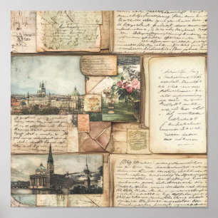 Vintage Postcard Collage with European Letters Poster