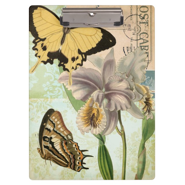 Vintage Postcard with Butterflies and Flowers Clipboard (Front)