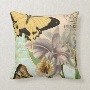 Vintage Postcard with Butterflies and Flowers Cushion