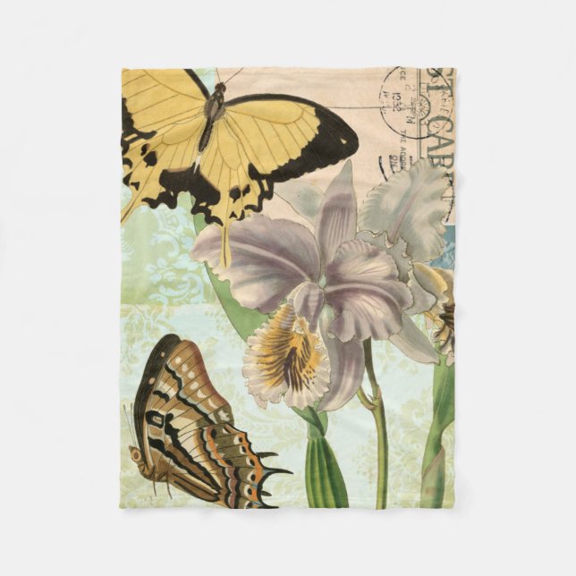 Vintage Postcard with Butterflies and Flowers Fleece Blanket (Front)