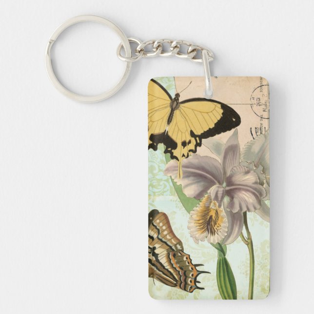 Vintage Postcard with Butterflies and Flowers Key Ring (Front)