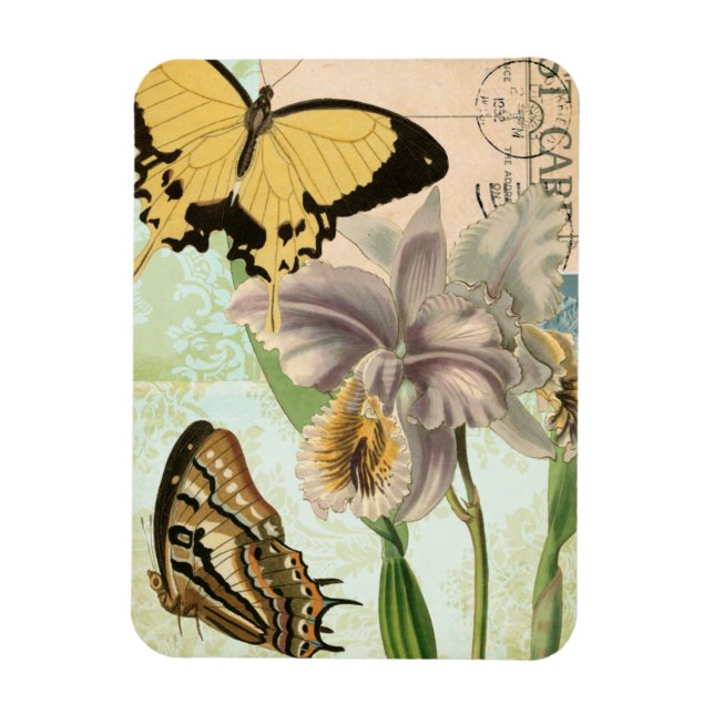 Vintage Postcard with Butterflies and Flowers Magnet (Vertical)