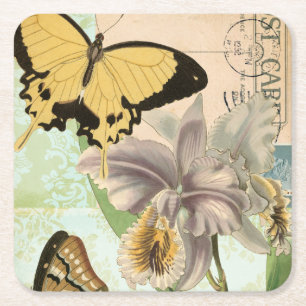 Vintage Postcard with Butterflies and Flowers Square Paper Coaster