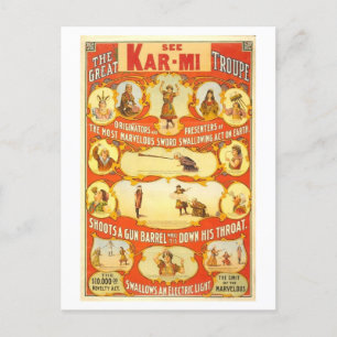 Vintage Poster for Kar-Mi Troupe Circus Acts Postcard