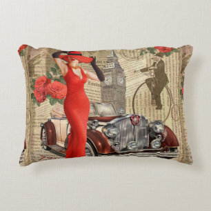 Vintage poster London torn newspaper background. Decorative Cushion