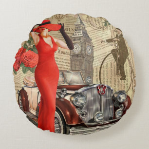 Vintage poster London torn newspaper background. Round Cushion