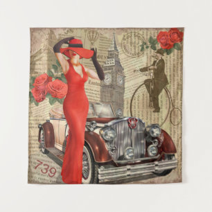 Vintage poster London torn newspaper background. Tapestry