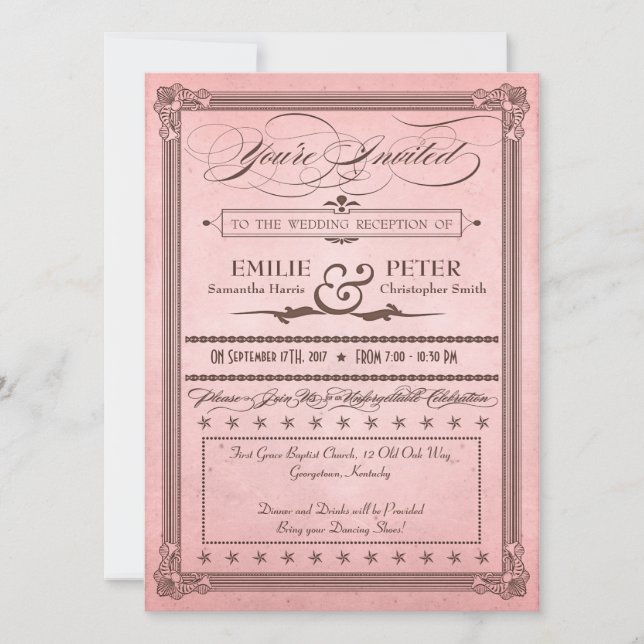 Vintage Poster Pink & Brown Reception Only Wedding Invitation (Front)