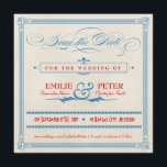 Vintage Poster Red, White & Blue Save the Date<br><div class="desc">This red, white and blue square wedding save the date announcement, with a pale cream background has a vintage, old fashioned feel with old-timey letter design, including elaborate script elements, a decorative banner, stars and a swirly ampersand. The fancy invitation is inspired by both vintage design and stylish posters. The...</div>
