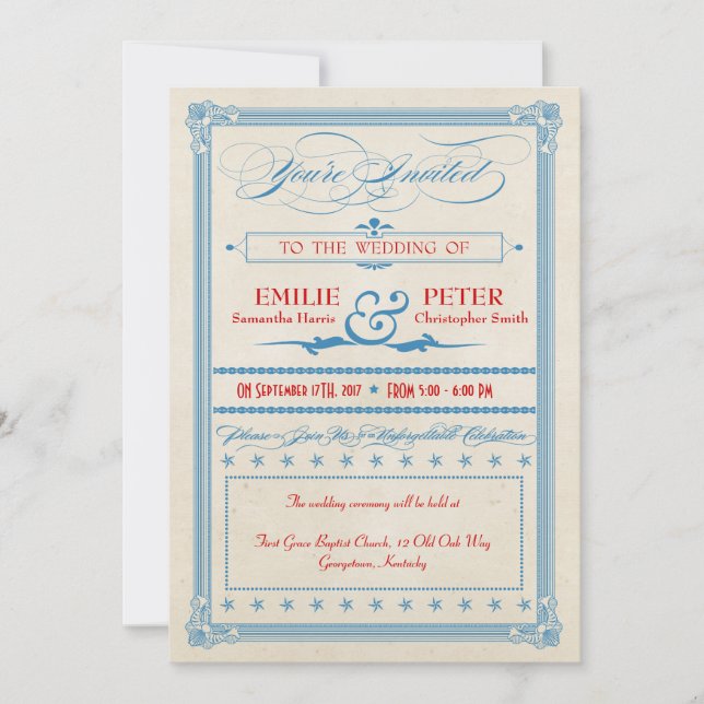 Vintage Poster Red, White & Blue Wedding Invitation (Front)
