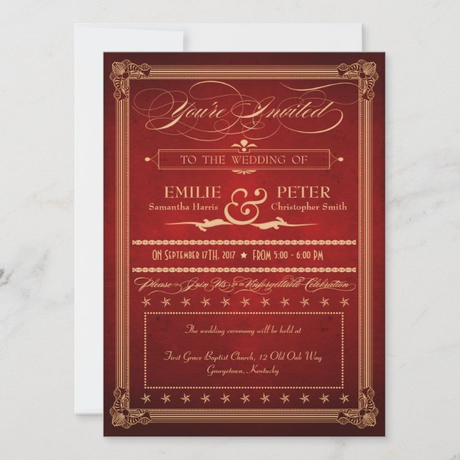 Vintage Poster Rich Red Wedding & Reception Invite (Front)