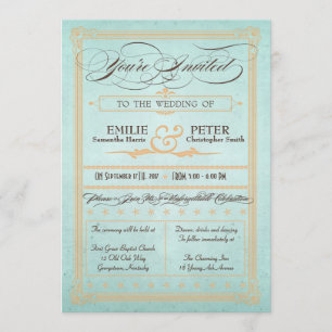 Vintage Poster Style Blue Wedding Invitation