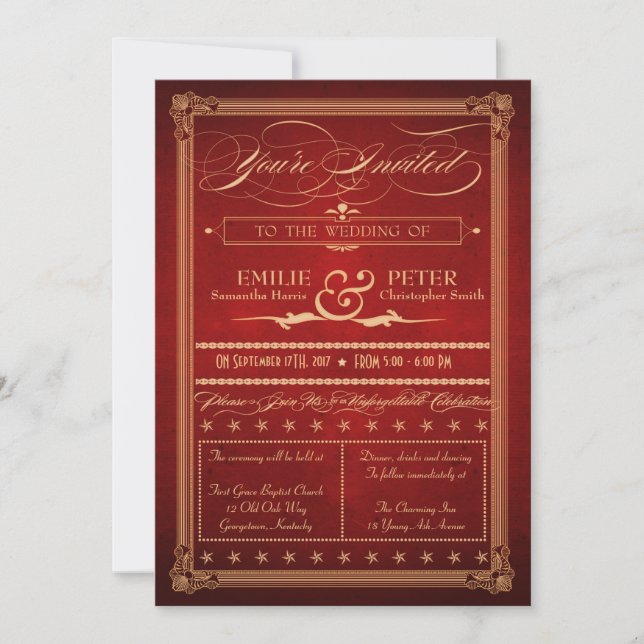 Vintage Poster Style Red Wedding, Directions, RSVP Invitation (Front)