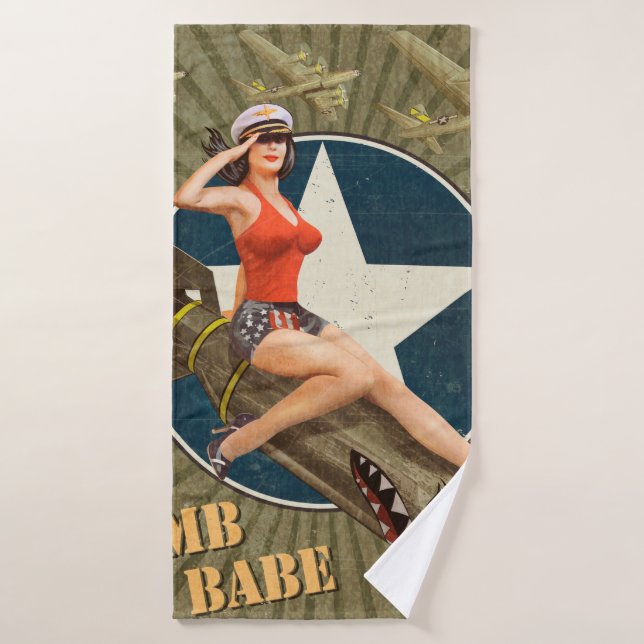 Vintage poster with pin-up girl on bomb. abstract, bath towel (Bath Towel)
