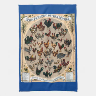 Vintage poultry birds chicken and roosters chart tea towel