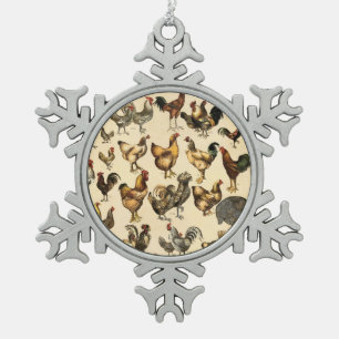 Vintage Poultry of the World Chicken Breed Art Snowflake Pewter Christmas Ornament