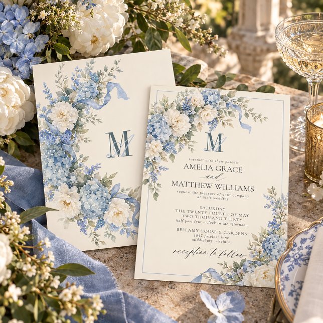Vintage Powder Blue Hydrangea Bow Monogram Wedding Invitation (Creator Uploaded)