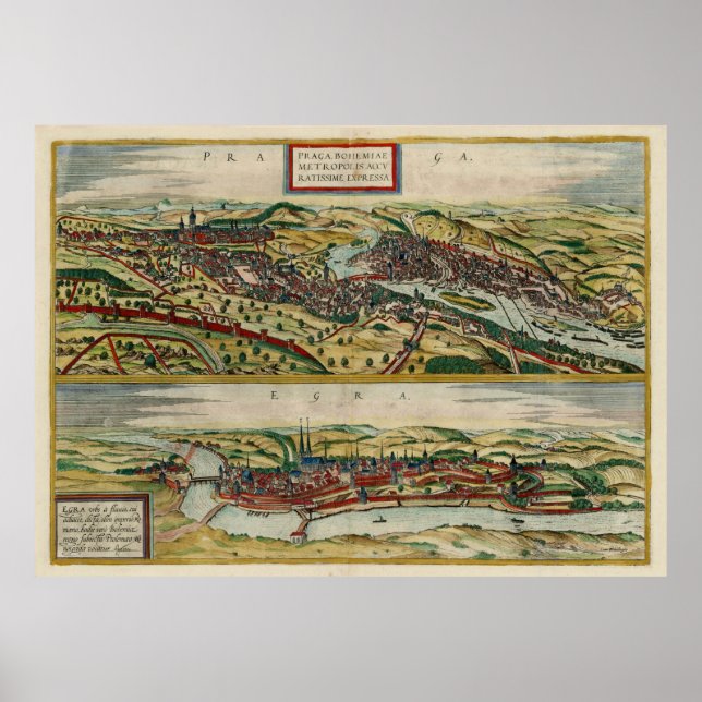 Vintage Prague & Cheb Czech Republic Map (1588) Poster (Front)