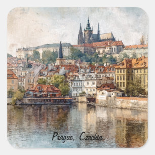 Vintage Prague Czechia Watercolor Painting Square Sticker