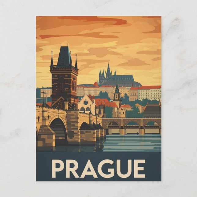 Vintage Prague Travel Poster Charles Bridge Postcard (Front)