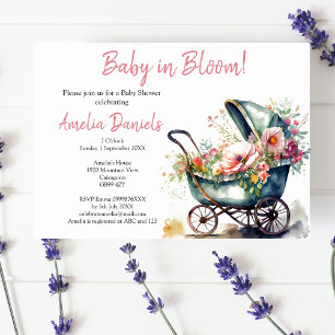 Vintage Pram Baby in Bloom Baby Shower Invitation