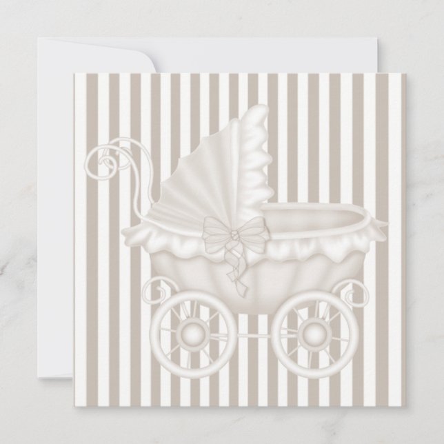 VINTAGE PRAM BABY SHOWER INVITATION SEPIA STRIPES (Front)