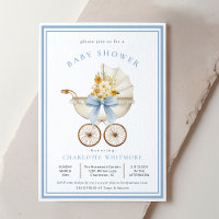 Vintage Pram Baby Shower  Sky Blue & Golden Floral