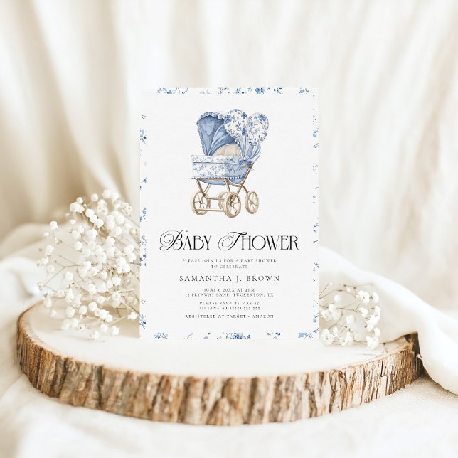 Vintage Pram Elegant Toile Chinoiserie Baby Shower Invitation (Creator Uploaded)