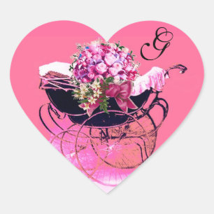 VINTAGE PRAM , FLOWERS BABY SHOWER HEART MONOGRAM HEART STICKER