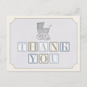 vintage pram thank you card, baby carriage note postcard