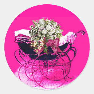 VINTAGE PRAM WITH FLOWERS BABY SHOWER CLASSIC ROUND STICKER