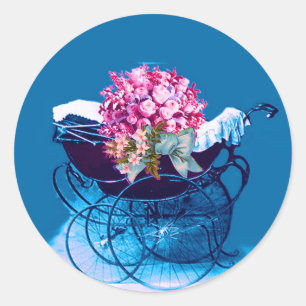 VINTAGE PRAM WITH FLOWERS BABY SHOWER CLASSIC ROUND STICKER