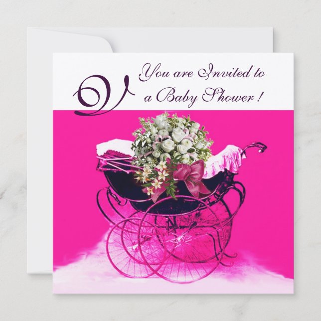 VINTAGE PRAM WITH FLOWERS BABY SHOWER MONOGRAM INVITATION (Front)
