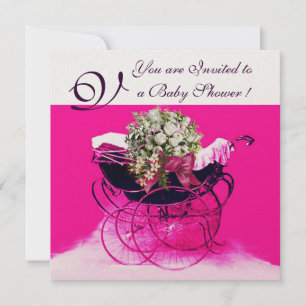 VINTAGE PRAM WITH FLOWERS BABY SHOWER MONOGRAM INVITATION