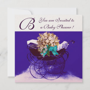 VINTAGE PRAM WITH FLOWERS BABY SHOWER MONOGRAM INVITATION