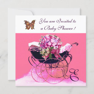 VINTAGE PRAM WITH FLOWERS,BUTTERFLIES BABY SHOWER INVITATION