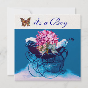 VINTAGE PRAM WITH FLOWERS,BUTTERFLIES BABY SHOWER INVITATION