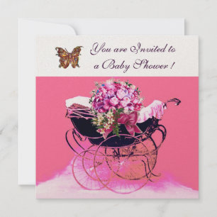 VINTAGE PRAM WITH FLOWERS,BUTTERFLIES BABY SHOWER INVITATION