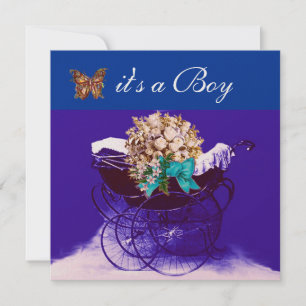 VINTAGE PRAM WITH FLOWERS,BUTTERFLIES BABY SHOWER INVITATION