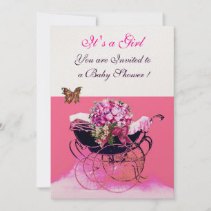 VINTAGE PRAM WITH FLOWERS,BUTTERFLIES BABY SHOWER INVITATION