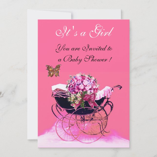 VINTAGE PRAM WITH FLOWERS,BUTTERFLIES BABY SHOWER INVITATION (Front)