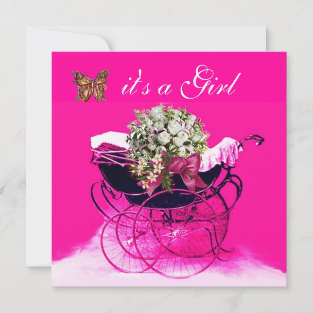 VINTAGE PRAM WITH FLOWERS,BUTTERFLIES BABY SHOWER INVITATION (Front)