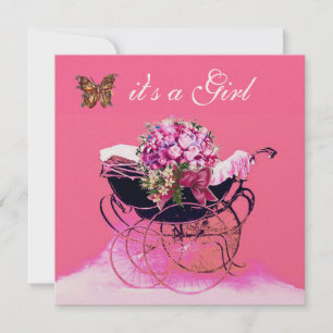 VINTAGE PRAM WITH FLOWERS,BUTTERFLIES BABY SHOWER INVITATION